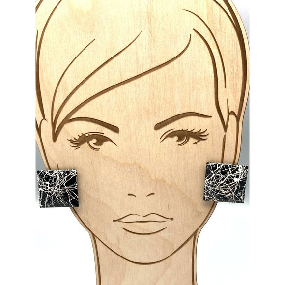 Retro Black and White Splatter Earrings, Vintage Artistic 80s Square Studs - Picture 3 of 5